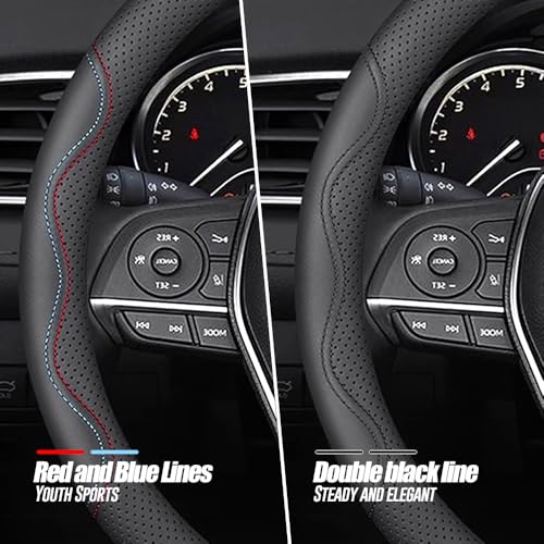 LKWLIKEI Nappa Premium Leather car Steering Wheel Cover, Non-Slip, Breathable, Universal 15 inches - color: Black-A