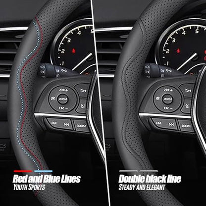LKWLIKEI Nappa Premium Leather car Steering Wheel Cover, Non-Slip, Breathable, Universal 15 inches - color: Black-A