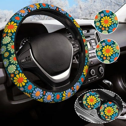 Hippie Daisy Flower Steering Wheel Cover for Women Men with 2 Pcs Car Coasters, Universal 14.5-15 Inch Rainbow Steering Wheel Covers Non-Slip Car Accessories for Girls - color: Daisy