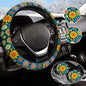 Hippie Daisy Flower Steering Wheel Cover for Women Men with 2 Pcs Car Coasters, Universal 14.5-15 Inch Rainbow Steering Wheel Covers Non-Slip Car Accessories for Girls - color: Daisy