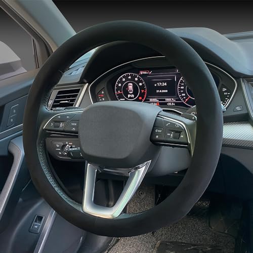 Carodi Suede Steering Wheel Cover ， Non-Slip Leather Car Interior Fitting 15-inch Universal - color: Black