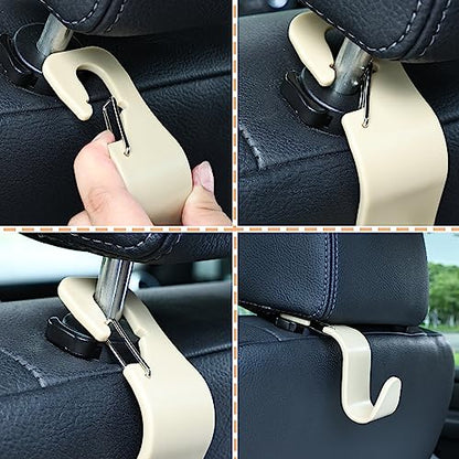 4-Pack 360° Rotating Car Headrest Hooks Vehicle Storage Organizer for Purses Handbags Groceries Coats – Holds 55lbs Simple Design with Clip Beige - color: Beige