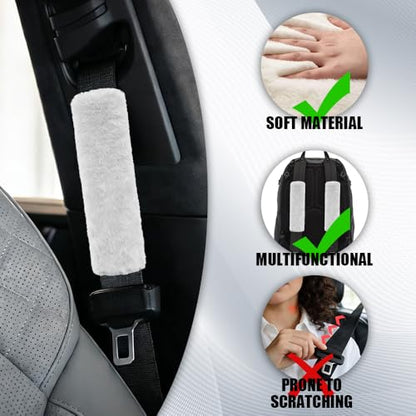 2PCS Car Seat Belt Cover Pads, Fluffy Car Seatbelt Covers, Soft & Comfortable Plush Seat Belt Cushion Protects Shoulder, Auto Safety Belt Strap Cover to Protect Your Neck (White) - color: White