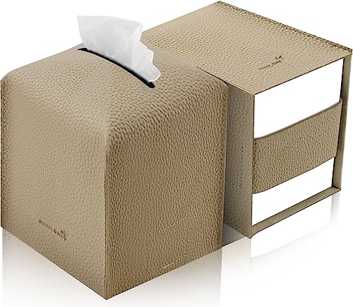 Tissue Box Cover 5X5X5'' PU Leather Tissue Holder Square Tissue Cube Box Organizer for Bathroom Vanity Countertop, Car, Night Stands, Office, Home, Kitchen (2Pack, Wood Apricot) - color: Wood Apricot, size: 2Pack