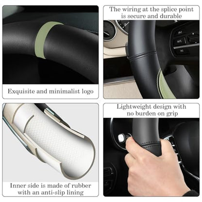 Black Avocado Green Car Steering Wheel Cover, Nappa Leather, Bottom Color Blocking, Universal 14.5-15 Inch Leather Anti-Slip Breathable Auto Steering Wheel Covers for Men Women - color: Black Avocado Green