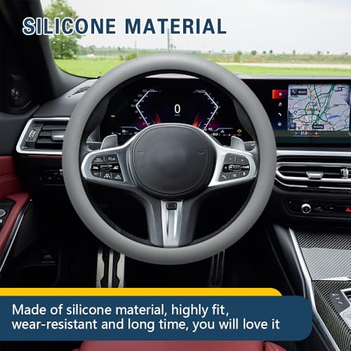 Car Steering Wheel Cover, 13 to 14.17 inches Non-Slip Silicone Steering Wheel Protector, Car Accessories Thin Soft Leather Texture Steering Wheel Protective Cover for Most Cars (Gray) - color: Gray