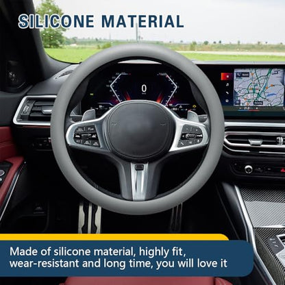 Car Steering Wheel Cover, 13 to 14.17 inches Non-Slip Silicone Steering Wheel Protector, Car Accessories Thin Soft Leather Texture Steering Wheel Protective Cover for Most Cars (Gray) - color: Gray