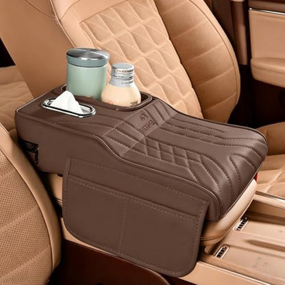 Upgraded Car Center Console Cover,PU Leather Car Armrest Cover Cushion Contains High Elasticity Sponge with Cup Holder,2 Storage Bags Tissue Box (Coffee-B) - color: Coffee-B