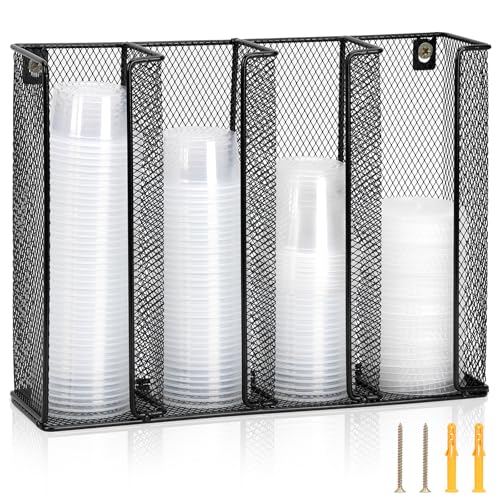Wall Mount Portion Sauce Cup Lid Organizer 4 Compartments Iron Sauce Cup Dispenser Black Cup and Lid Holder Organizer Fits Cups Size 2 to 4 oz For Kitchen Counter Restaurant Coffee Bar 13x10x3.3 In
