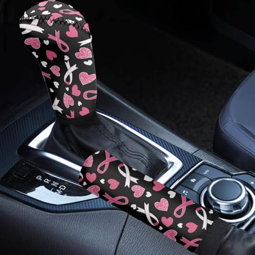 Bulopur Car Shifter Gear Hand Brake Trim Cover Set for Most Cars Van SUV Sedan Truck Auto Accessories - color: Bowknot Breast Cancer Awareness