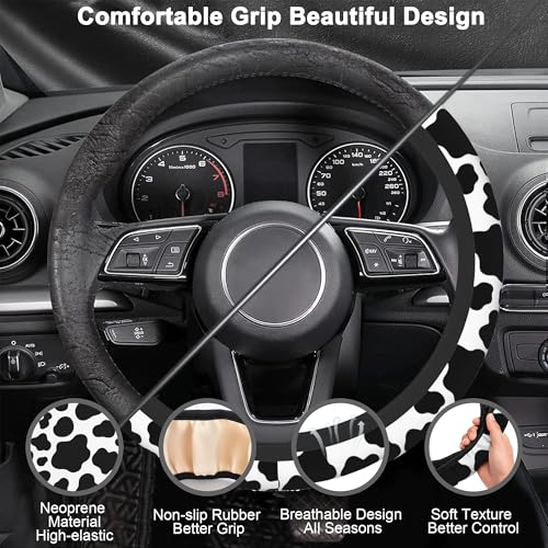 Cow Print Steering Wheel Cover with 2 PCS Cup Coasters for Car,Black and White Cow Print 15 Inch Non-Slip Neoprene Steering Wheel Covers,Breathable Car Accessories Fit for Men Women - color: Cow Print