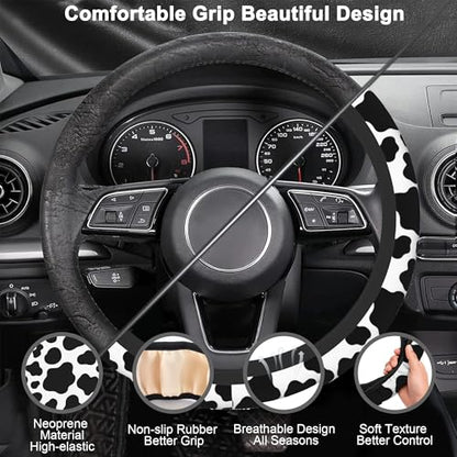 Cow Print Steering Wheel Cover with 2 PCS Cup Coasters for Car,Black and White Cow Print 15 Inch Non-Slip Neoprene Steering Wheel Covers,Breathable Car Accessories Fit for Men Women - color: Cow Print