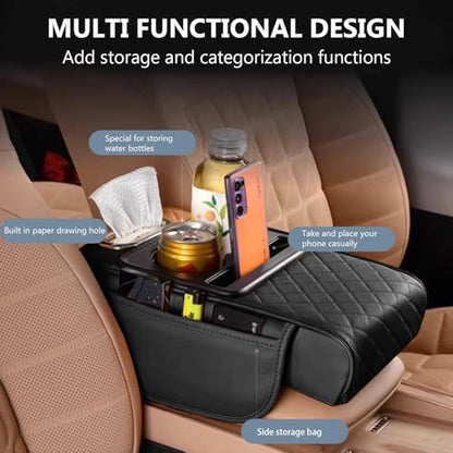 Funvalley Surperfect 5-in-1 Center Console Cover with Cup Holder & Phone Slot, Universal Car Armrest Cushion Organizer, Leather Armrest Cover for Car - style: Style-A