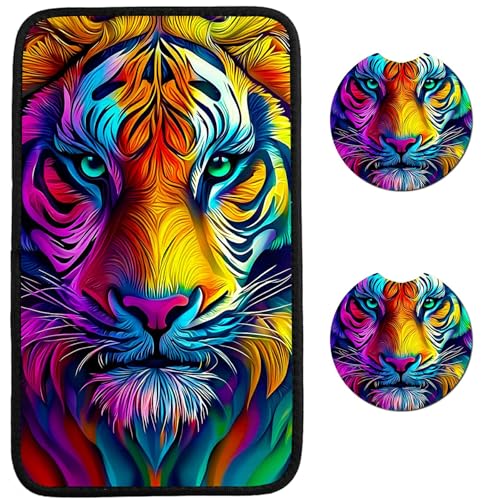 Universal Auto Center Console Pad and 2Pcs Car Coasters Set, Anti Slip Soft Neoprene Car Armrest Seat Box Cover Protector for Most Vehicle - Car Interior Accessories, Artistic Tiger Head - color: Artistic Tiger Head