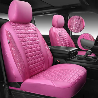 CAR PASS Hot Pink Bling Diamond Leather Car Seat Covers Full Sets, Waterproof Shining Glitter Sparkly Crystal Universal Armrest Fit for Automotive Truck SUV Cute Women Girl,Hot Pink Rhinestone - color: Pink Rhinestone-Hot, size: Full Set