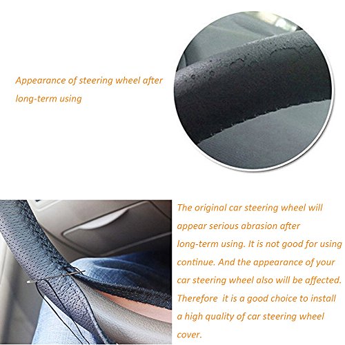 Onerbuy Universal Leather Car Steering Wheel Stitch On Wrap Cover DIY Sewing Breathable and Anti Slip, Maximum for 15-Inch Diameter Car Steering Wheel (Black) - color: Black