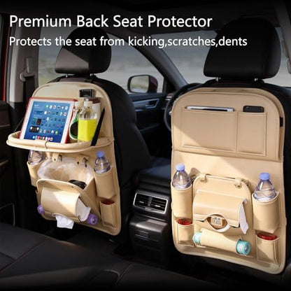 Car Seat Organizer, Multifunctional Backseat Protector Mat, Storage Bag and Tray Rack, Trash Storage (Suitable for Cars, Children, Back of Seats, and Rear Seats) (WHITE, Leather 1-Piece Set)