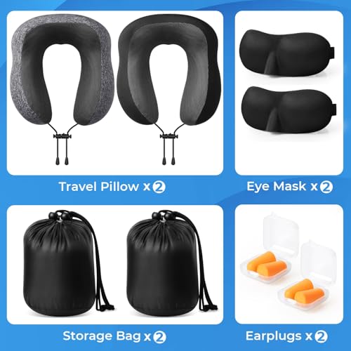 ExploreBliss Travel Pillow, 2 Pack Travel Pillows for Sleeping Airplane, Removable Cover Neck Pillow with Adjustable Clasp, Memory Foam Neck Pillow Set (Dark Grey & Black) - color: Dark Grey & Black