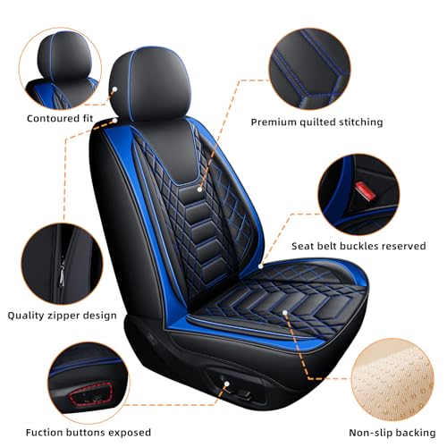 FREESOO Car Seat Covers Leather Seat Cover Full Set Automotive Seat Cover Protector Accessories Airbag Compatible Universal Fit for 5 Seats (Black Blue 8)