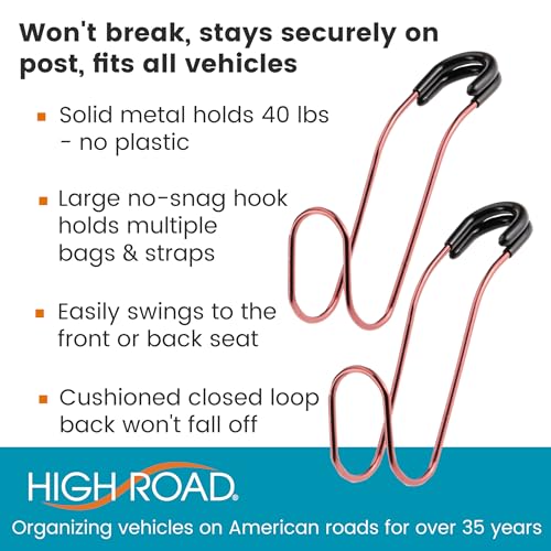 High Road Unbreakable Car Bag Hooks - Large Car Seat Hooks for Purse, Backpack, Coats, Hats and Heavy Bags up to 40 lbs - Secure Attachment Fits All Headrest Posts, 2 Pack