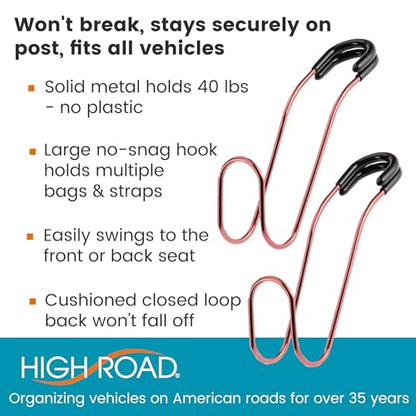 High Road Unbreakable Car Bag Hooks - Large Car Seat Hooks for Purse, Backpack, Coats, Hats and Heavy Bags up to 40 lbs - Secure Attachment Fits All Headrest Posts, 2 Pack