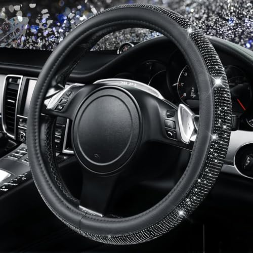 CAR PASS Bling Black Diamond Leather Steering Wheel Cover, with Sparkly Crystal Glitter Rhinestone Universal Fit 15" 1/2-16" Large Size Car Wheel Protector for Women Girl Fit Car,SUV,Van,Sedan, Black - color: Black Diamond Leather Large