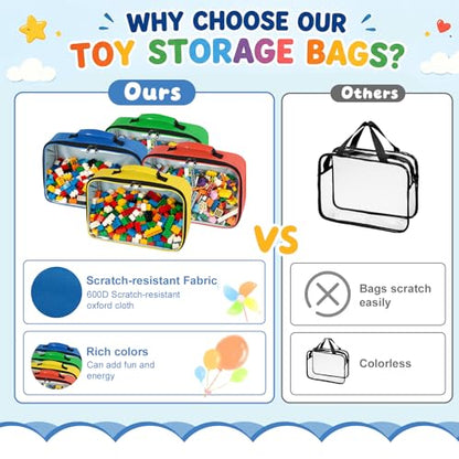 4 PCS Toy Storage Bags, Magnetic Tiles Storage Bag With Visual Top Flap, Label Pocket and Mesh Pockets Fit for LEGO, Building Blocks, Magnetic Tiles, Toy Cars - size: 4PCS(4 Medium）