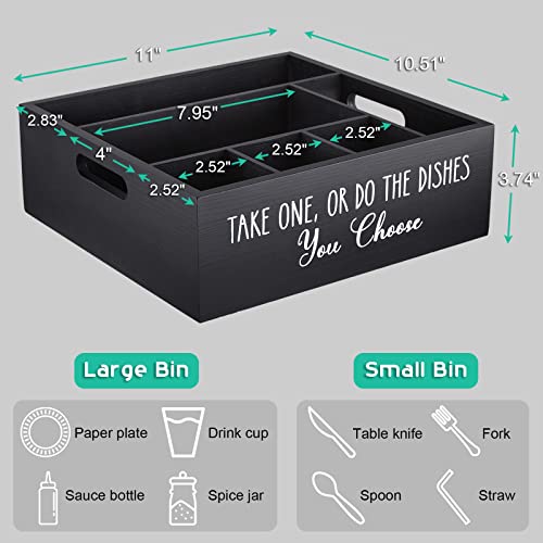 ALELION Paper Plate Dispenser for Countertop - Wooden Utensil Holder Organizer for Party - Silverware Caddy for Plate, Cup, Fork, Spoon - Cutlery Holder with Handles for Kitchen Camping Buffet - style: Black