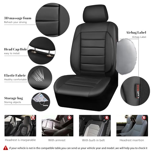 CAR PASS Leather Seat Covers Full Set Universal Water Resistant 3D Foam Back Support, Luxury Comfort Automotive 5 Seat Covers All Season Fit for SUV,Sedan,Van, Airbag Compatible Elegance(Pure Black) - color: All Black