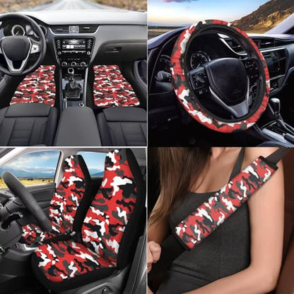 17Pcs Red Camo Print Car Seat Cover Set, Easy Install, Car Seat Cover with Mats Steering Wheel Cover Armrest Cover Car Seat Belt Covers Car Coaster Keychain Roof Gloves - color: Red Camo Print