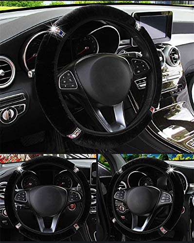 LABBYWAY Plush Steering Wheel Cover with Bling Bling Crystal Rhinestone, Universal 15 Inch Elastic Fluffy Steering Wheel Accessories for Women Girls, Black - color: Black