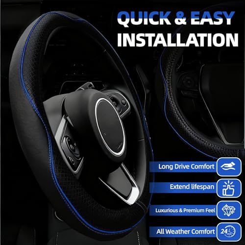NBTEPEM 6 PCS Car Steering Wheel Cover Set, Microfiber Leather Steering Wheel Covers Universal 14.5-15 inch, Center Console Cover, Seat Belt Cushion, Cup Holder Coaster, Car Accessories Set Blue - color: Black with blue, size: Steering Wheel Cover Set