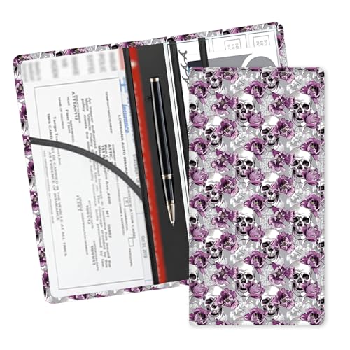 Leather Car Registration and Insurance Card Holder, Cute Car Accessories Vehicle Glove Box Car Organizer for Documents, Cards, License Cool Skull Flowers - color: Cool Skull Flowers