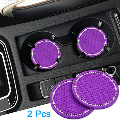 Bling Car Coasters, Wisdompro 2 Pack PVC Car Cup Holder Insert Coaster - Anti Slip Universal Vehicle Interior Accessories Crystal Glitter Cup Mats for Women and Men (2.75" Diameter, Purple) - color: Purple