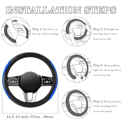 Blue Film Splicing Leather Steering Wheel Cover, Microfiber Leather, Anti-Slip, Breathable, Universal Fit for 14.5–15 in Steering Wheel Cover for Men Women - color: Film-Grained - Blue