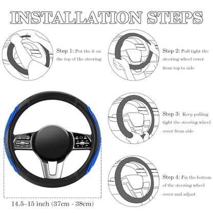 Blue Film Splicing Leather Steering Wheel Cover, Microfiber Leather, Anti-Slip, Breathable, Universal Fit for 14.5–15 in Steering Wheel Cover for Men Women - color: Film-Grained - Blue