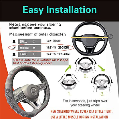 D Shaped 14.5-15 Inch Steering Wheel Cover Great Grip with 3D Honeycomb Anti-Slip Design, Flat Bottom 14.5-15 Inch (Black/Red Stitch)