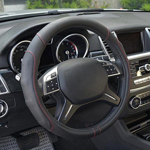 Motor Trend GripDrive Faux Black Leather Steering Wheel Cover for Car Truck Van SUV, Standard 15 inch Size, Red Accent Stitched Car Steering Wheel Cover Vehicle & Auto Accessories - color: Black / Red Accent Stitching15, size: Fits 14.5 - 15" SW