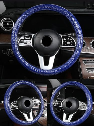 Luxury Crocodile Texture Glossy Leather Car Steering Wheel Cover, New Universal 15 Inch Vehicle Steering Wheel Cover for Cars, Trucks, Suvs, Pickups Interior Accessories (Blue) - color: Blue