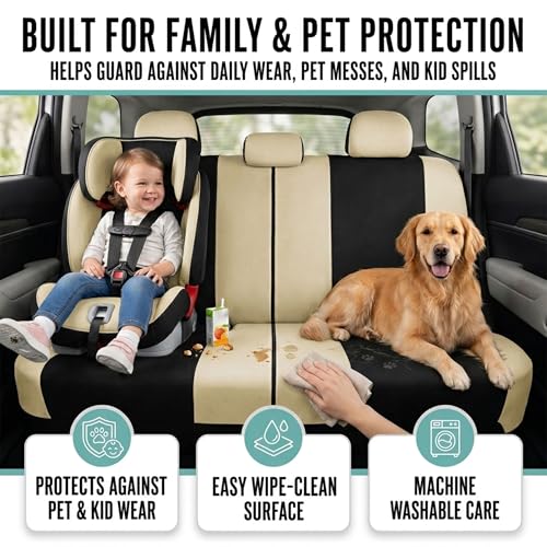 Automotive Seat Covers Beige Black Universal Fit Seat Cover Combo Set with Steering Wheel Cover and Seat Belt Pad (Airbag Compatible and Split Bench) - color: Beige/Black