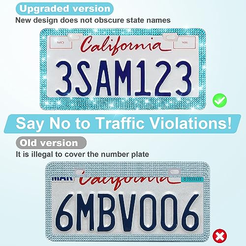 QUANQIUFEI 2 Pack Bling License Plate Frames for Women, Sparkly Rhinestone Diamond Car Accessories with Glitter Crystal Caps (Lake Blue) - color: Lake blue