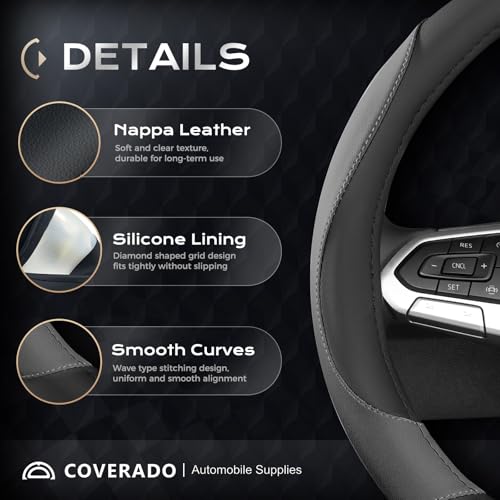 Coverado Car Steering Wheel Cover, Nappa Leather Black & Gray Steering Wheel Covers, Universal 14-15 inch, Anti-Slip, Breathable Steering Wheel Protector for Women Men - color: B-BlackGray