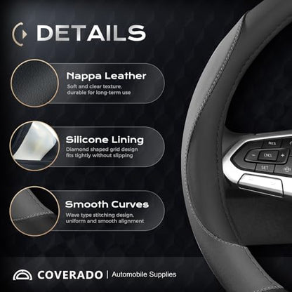 Coverado Car Steering Wheel Cover, Nappa Leather Black & Gray Steering Wheel Covers, Universal 14-15 inch, Anti-Slip, Breathable Steering Wheel Protector for Women Men - color: B-BlackGray