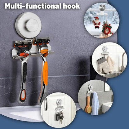 No-Drill Suction Cup Razor and Shaver Holder, Stainless Steel Shower Hook for Towel & Loofah, Damage-Free Reusable Bathroom Wall Organizer (2, Brushed Nickel) - color: Brushed Nickel