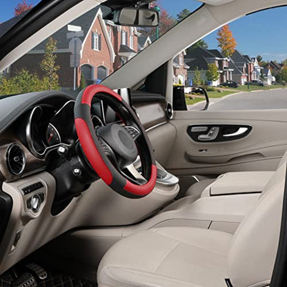 SEG Direct Car Steering Wheel Cover for Prius Civic Model 3 Model Y Camaro, Small Size 14-14.25 inch, Black and Red Microfiber Leather - color: Black and Red, size: Small size[14''-14 1/4'']