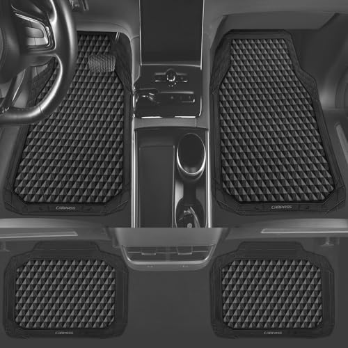 CAR PASS Black Rubber Car Mats, All-Weather Floor Mats Full Set Durable Anti-Slip 3D Rhombus Waterproof Automotive Pad Trim to Fit Liner Universal Fit for Sedan SUV Truck Van, 4 Pcs All Black Rubber - color: All Black