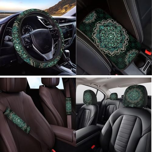 14 Pcs Green Mandala Car Seat Covers with Steering Wheel Cover,Seat Belt Covers Cup Holder with Keychain,Novelty Automotive Protector Set Universal Fit Cars SUV Truckss,Green