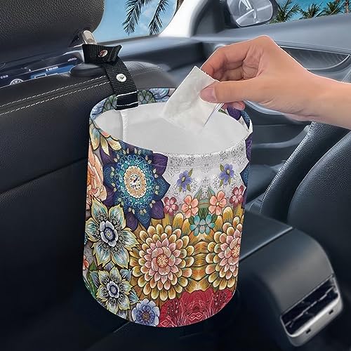 Boho Flowers Car Trash Can Waterproof Auto Vehicle Garbage Organizer Bag Hanging Car Waste Basket Holder for Front Seat Back, Seat, Floor, Headrest - color: Boho Flowers