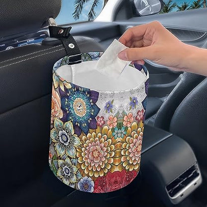 Boho Flowers Car Trash Can Waterproof Auto Vehicle Garbage Organizer Bag Hanging Car Waste Basket Holder for Front Seat Back, Seat, Floor, Headrest - color: Boho Flowers