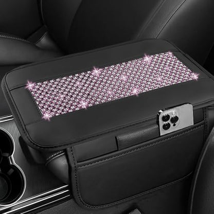 NBTEPEM Bling Car Armrest Cover, Universal Microfiber Leather Center Console Cover with 2 Pockets, Rhinestone Car Armrest Cushion Protector, Bling Accessories Interior (Purple Diamond) - color: Purple Diamond